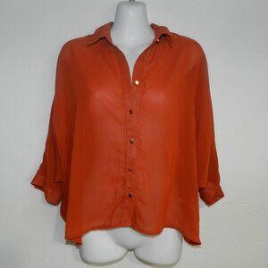 Excuse Me MIss sheer button down open back short sleeve blouse, burnt orange
